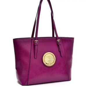 Dasein Elegant Two Tone Purple Buckle Strap Emblem Tote